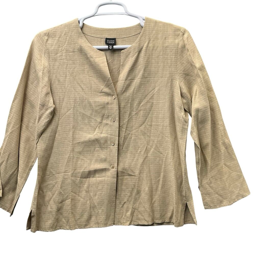 Eileen Fisher Button Down Top Size Medium Italian Fabric Tan